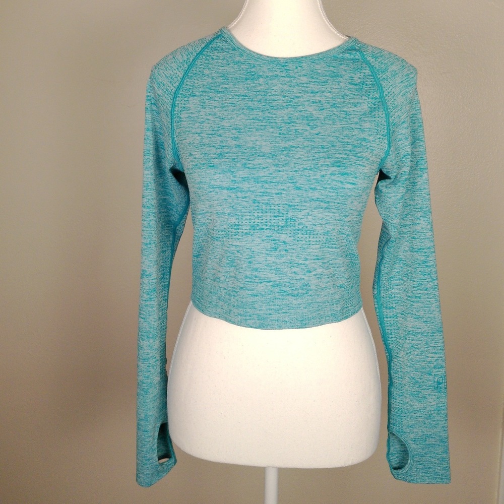 PINK Victorias Secret Seamless Long Sleeve Crop Top Teal Marl Thumbhole Medium